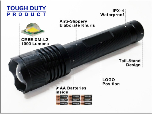Zoom Head High Security Torchlight 1000 Lumen Dengan Baterai 9 * AA